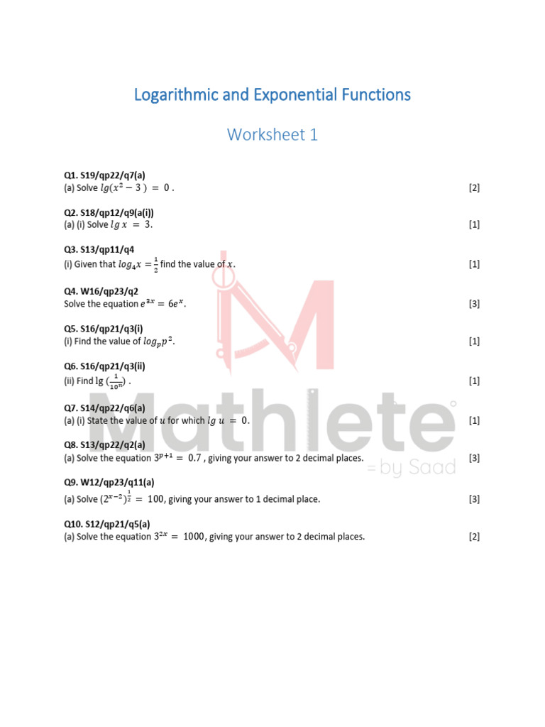 Logarithmic & Exponential Functions Worksheet | PDF