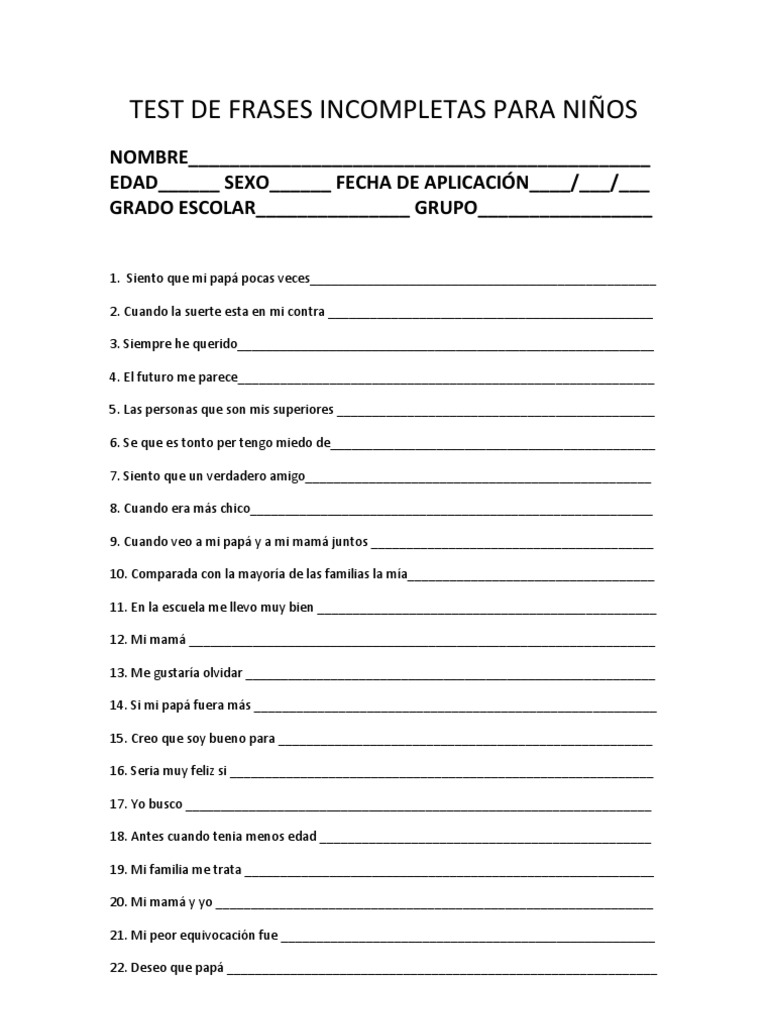 Test de Frases Incompletas para Niños | PDF