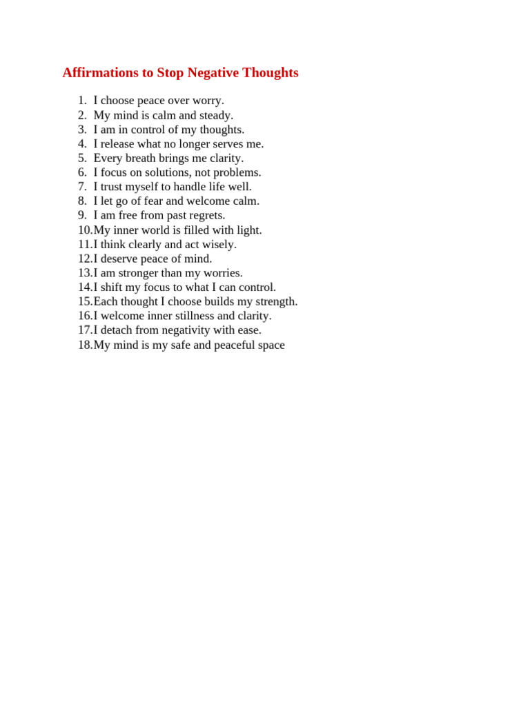 Affirmations To Stop Negative Thoughts | PDF