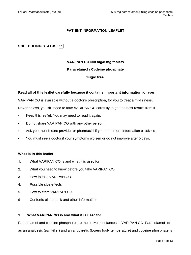 VARIPAN CO: Paracetamol & Codeine Info | PDF | Analgesic | Medical ...