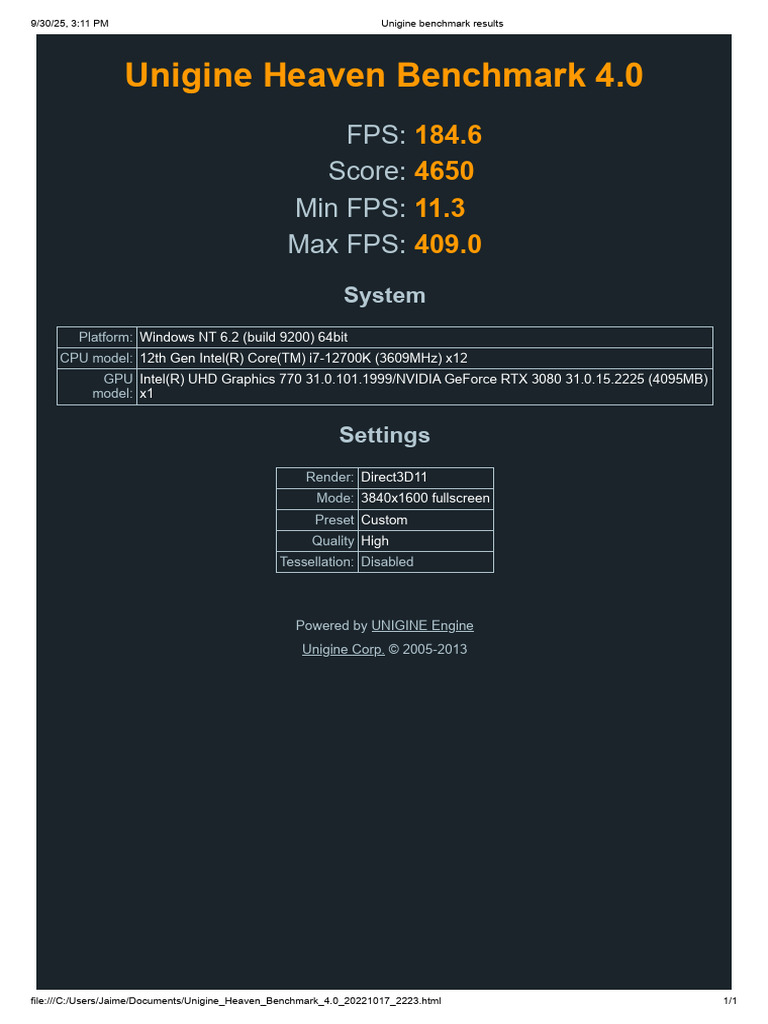 Unigine Benchmark Results | PDF