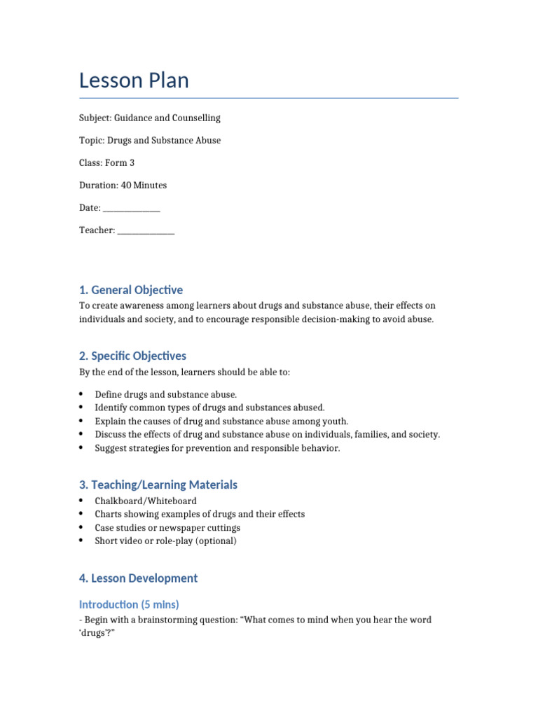 Lesson Plan on Drug Abuse Awareness | PDF | Substance Abuse | Drugs