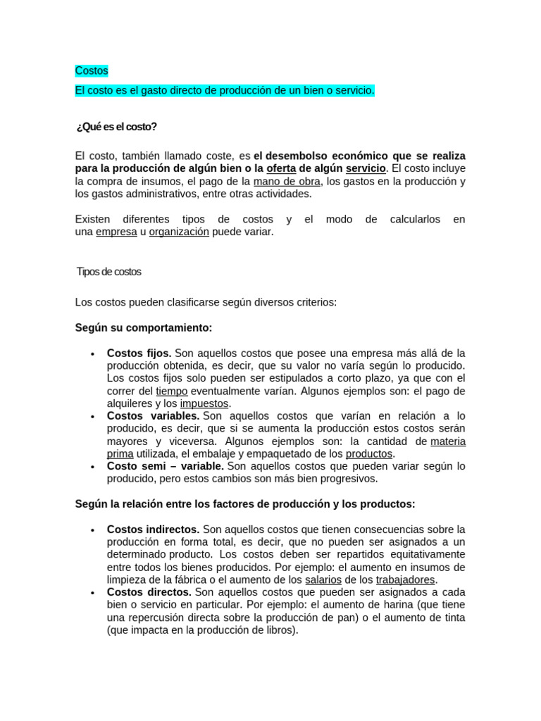 Tipos y ejemplos de costos empresariales | PDF | Costo | Presupuesto