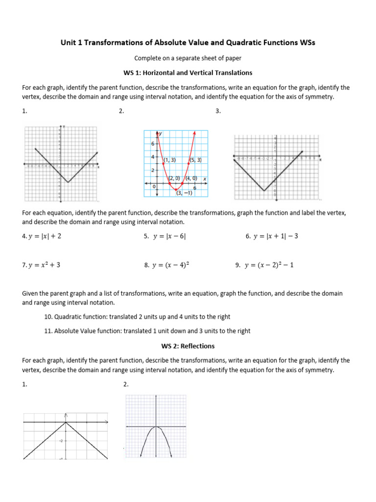 Transformations of Functions Worksheet | PDF | Function (Mathematics ...