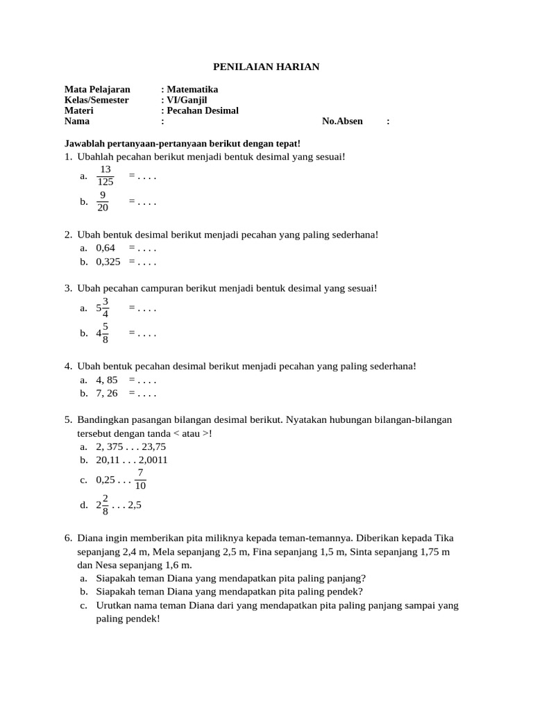 Penilaian Harian Matematika VI: Pecahan Desimal | PDF