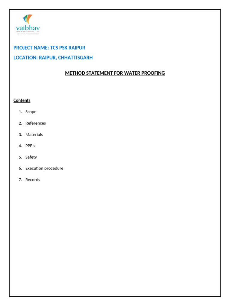 Waterproofing Method Statement for TCS | PDF | Personal Protective ...