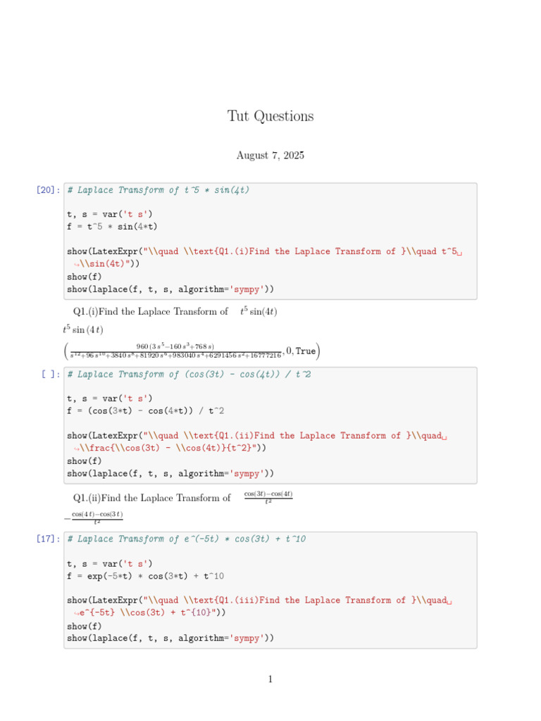 Laplace Transform Tutorial Questions | PDF | Ordinary Differential ...