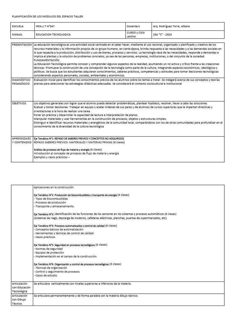 PLANIFICACIÓN Educacion Tecnologica 2c-2024 | PDF | Evaluación ...