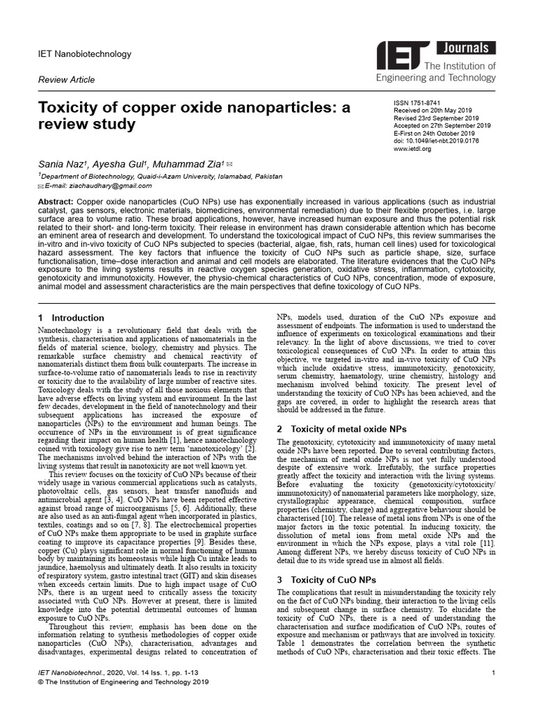 Review Toxicity Synthesis (Table) Che (T) of Copper Oxide Nanoparticles ...