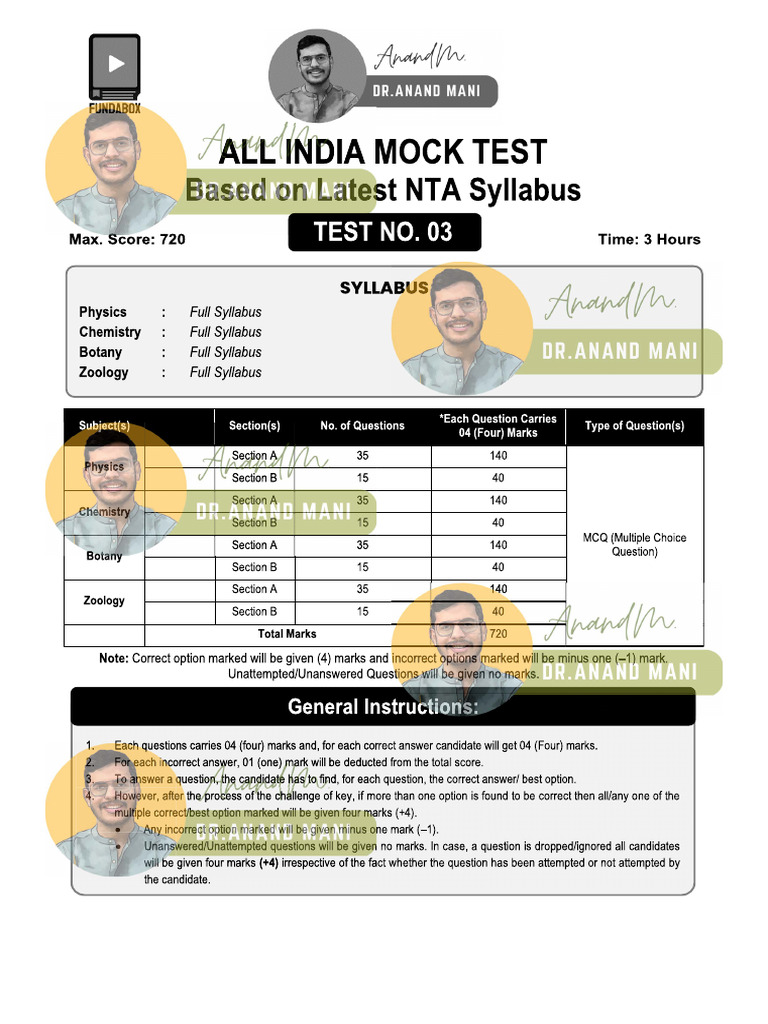 Neet Mock Test New Pattern Anand Mani | PDF