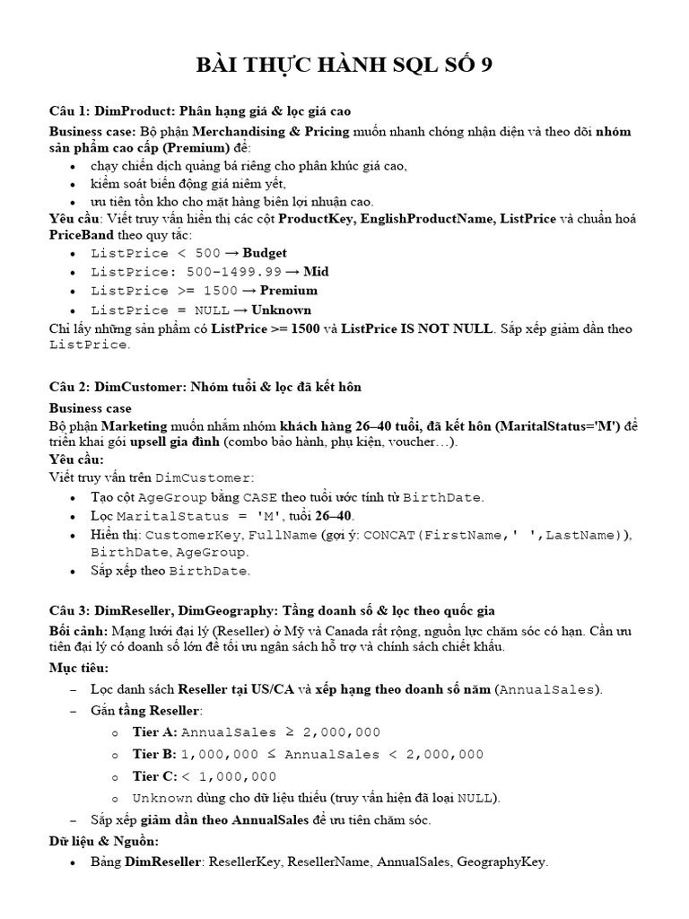 Bài Thực Hành SQL Số 9 | PDF