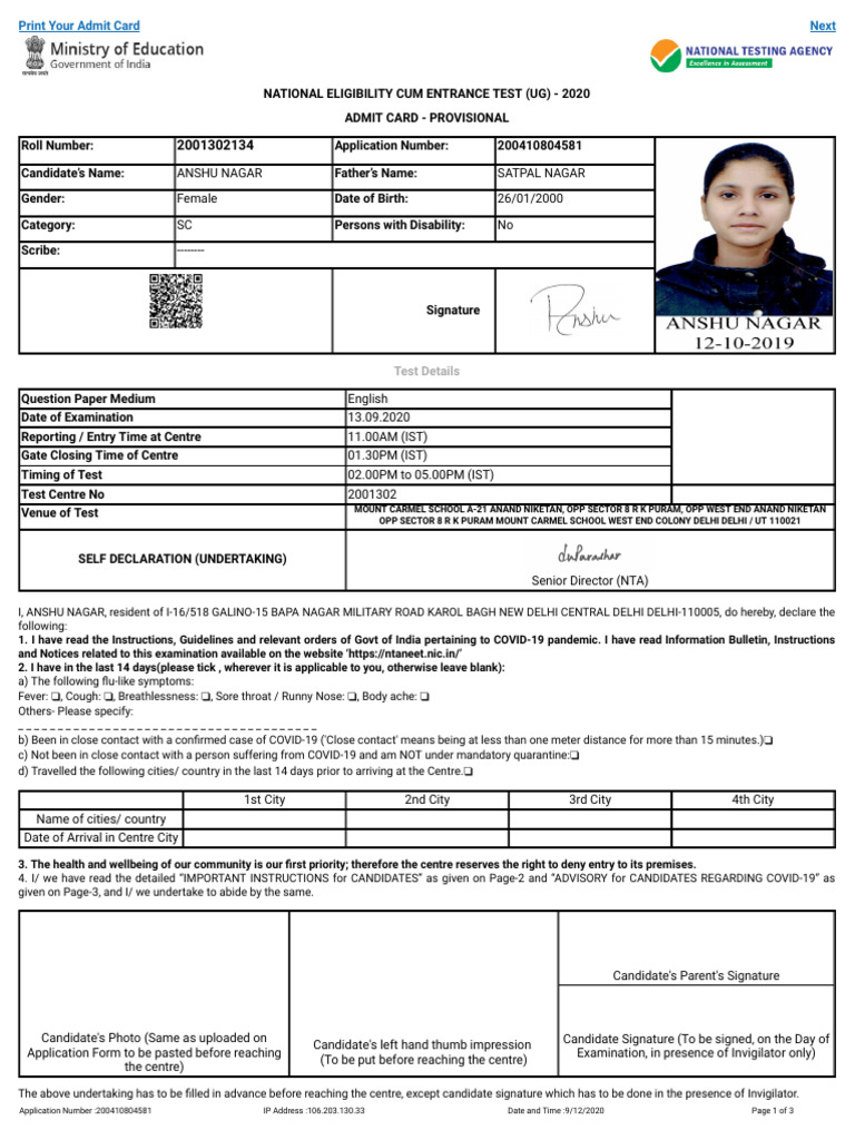Neet Admit Card Sample | PDF | Identity Document