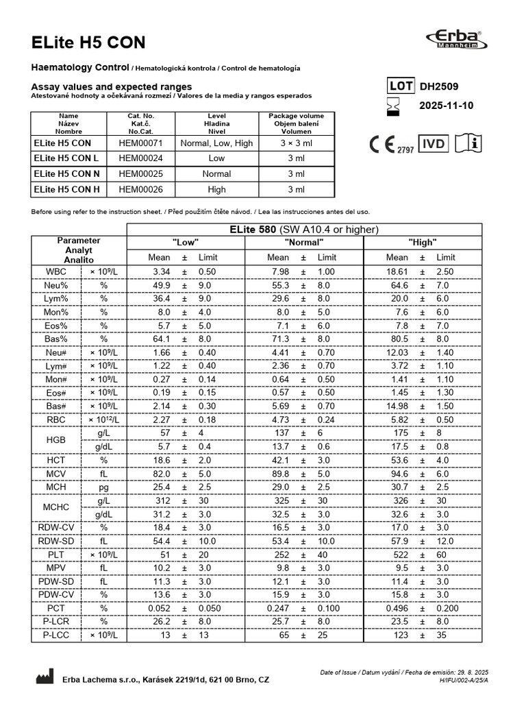 Valores y Rangos de Hematología ELite H5 | PDF