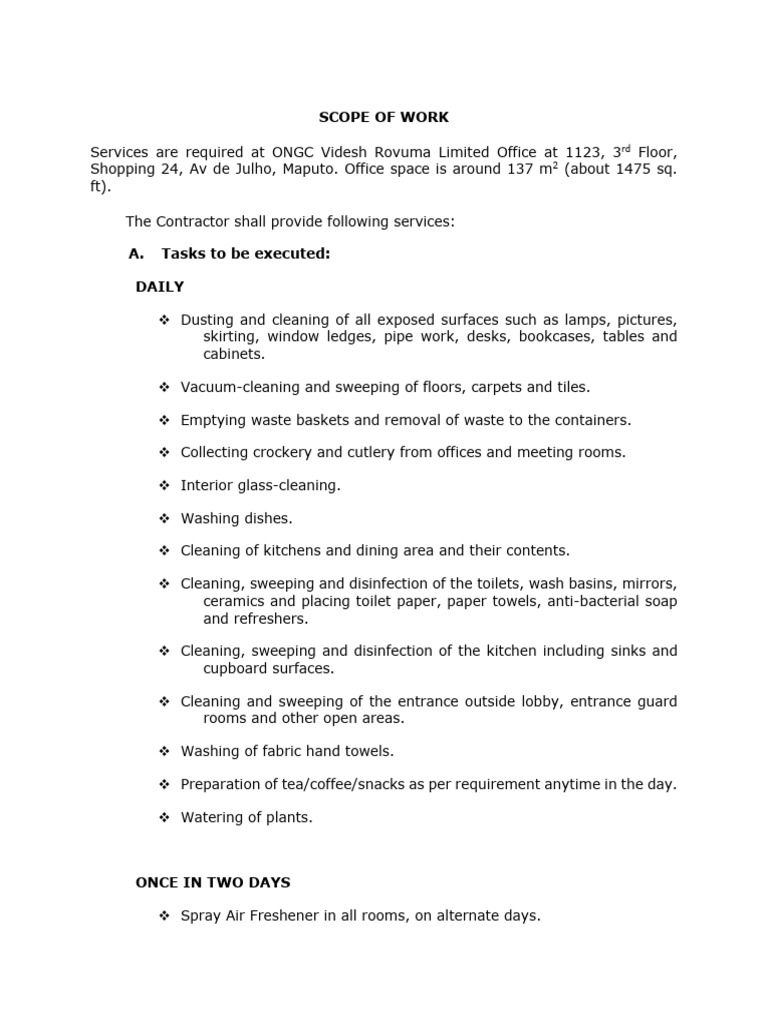 Office Cleaning Services Scope of Work | PDF | Housekeeping