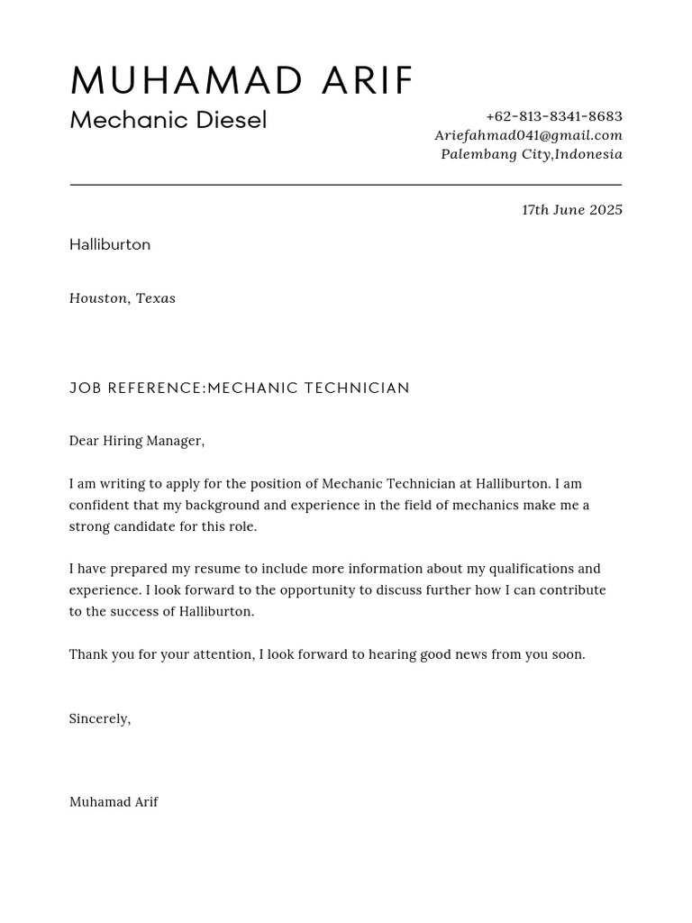 Application for Mechanic Technician Role | PDF