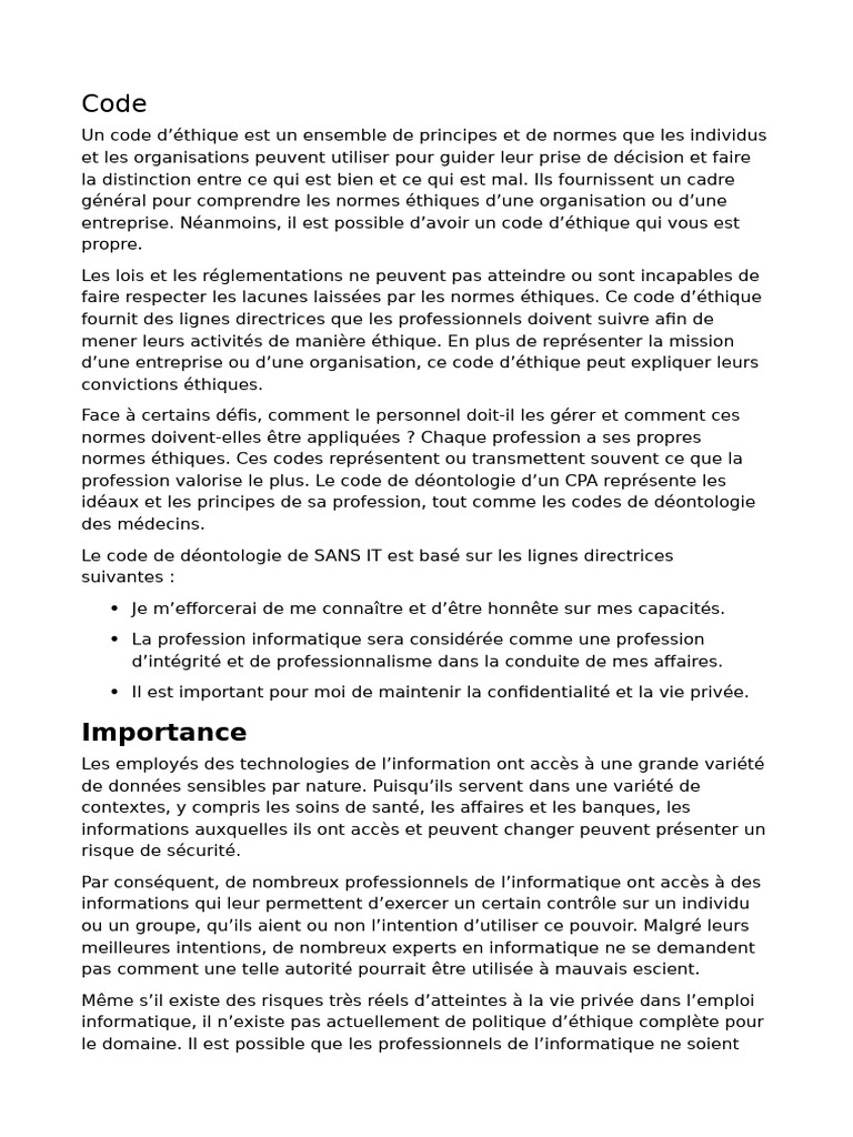 Code d'éthique en informatique : enjeux et normes | PDF | Informatique