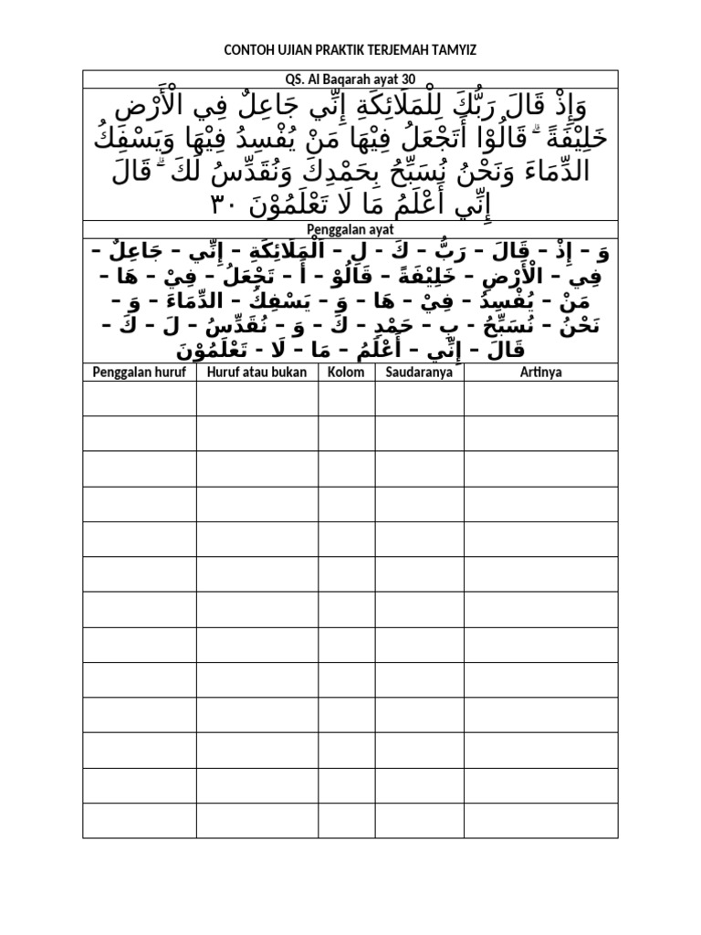 Contoh Ujian Praktik Terjemah Tamyiz - Kosong | PDF
