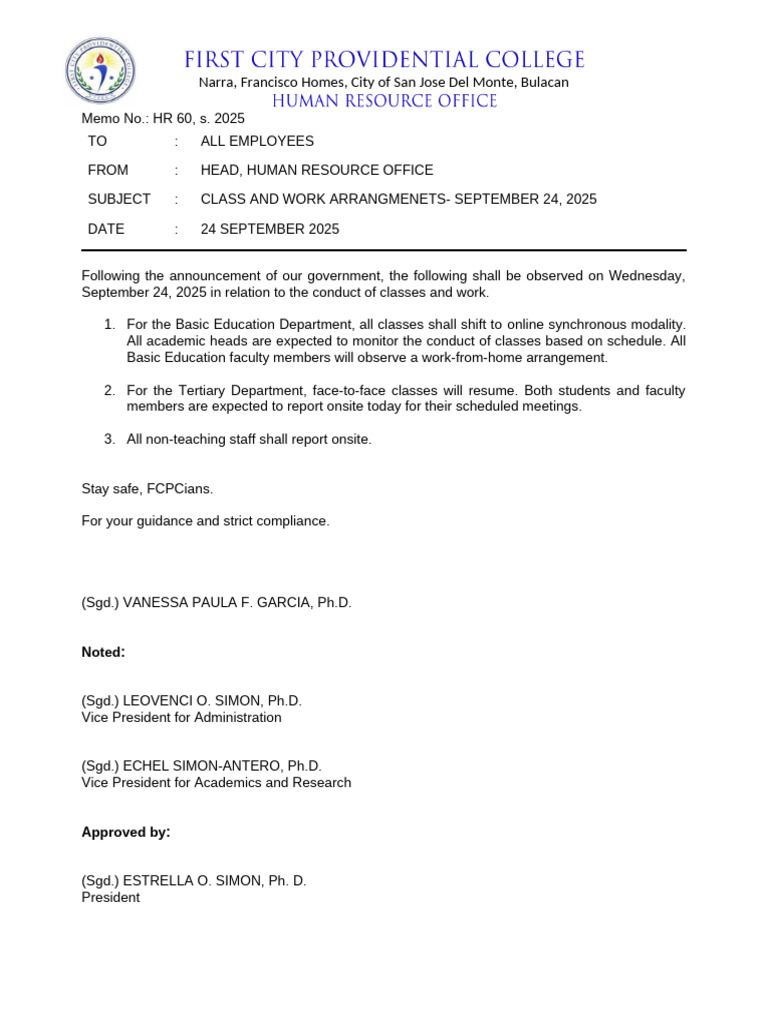 Class and Work Arrangements Memo 2025 | PDF
