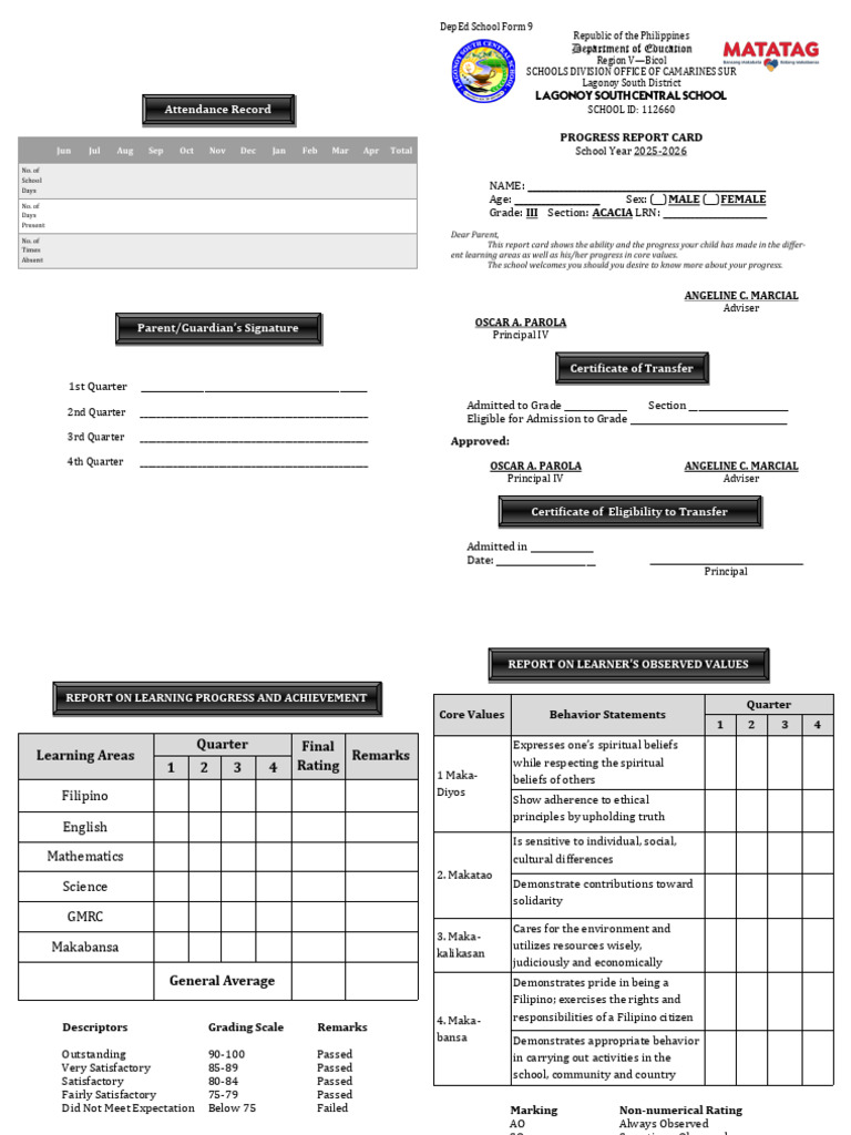 Progress Report Card Grade 3-Acacia TEMPLATE-1 | PDF