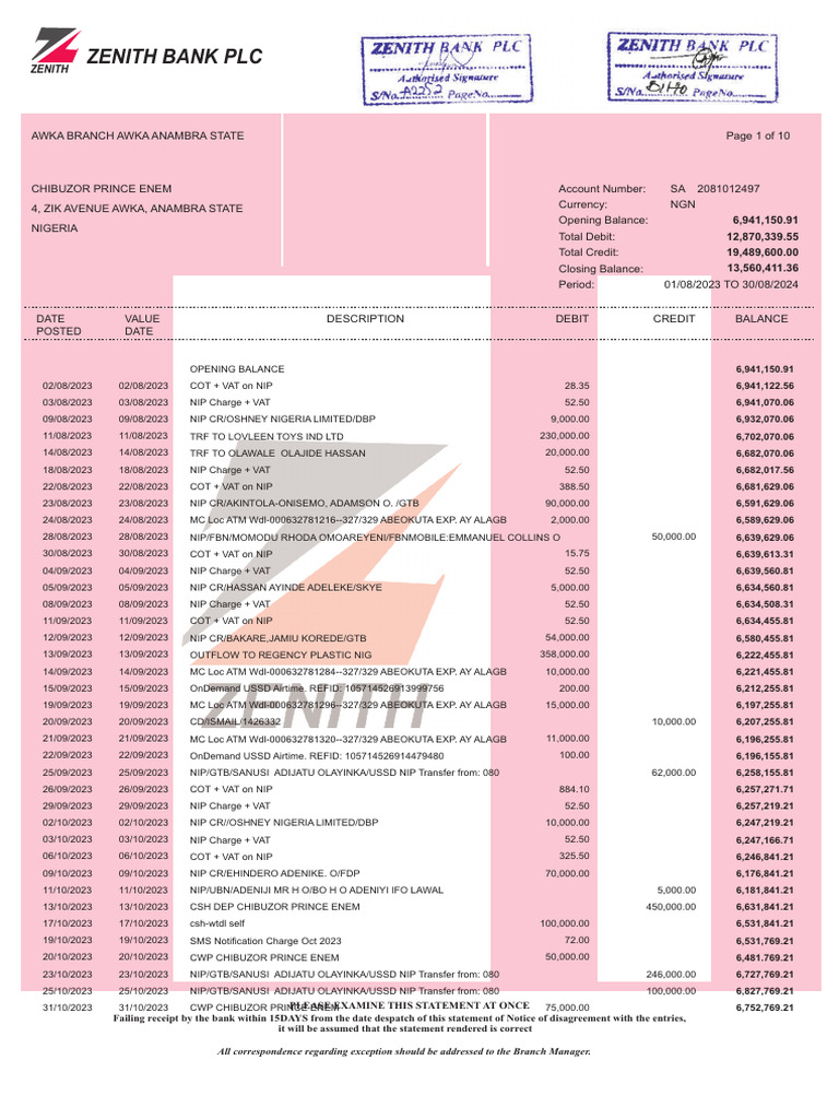 Zenith Bank Statement Overview | PDF | Debits And Credits | Banks