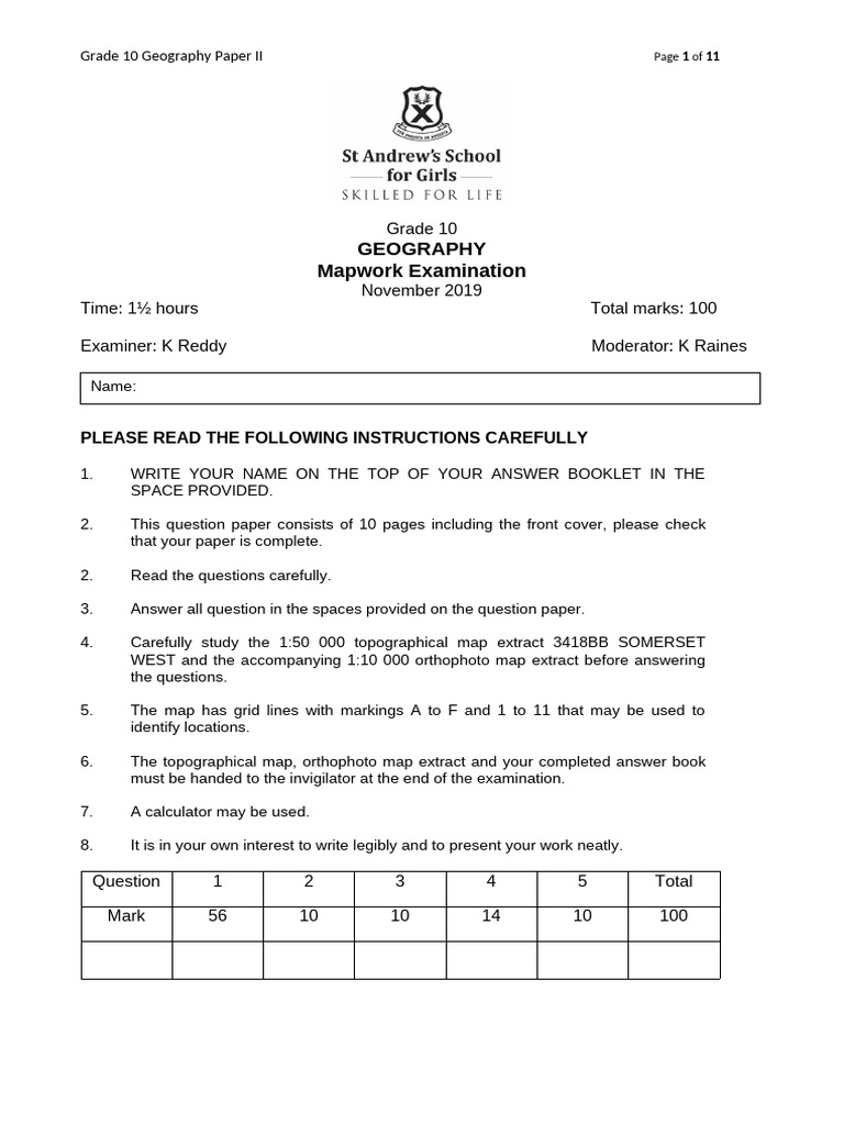 Grade 10 Geography Mapwork Exam 2019 | PDF | Geographic Information ...