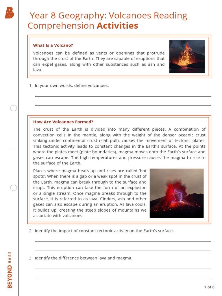 Year 8 Volcanoes Comprehension Guide | PDF | Volcano | Plate Tectonics