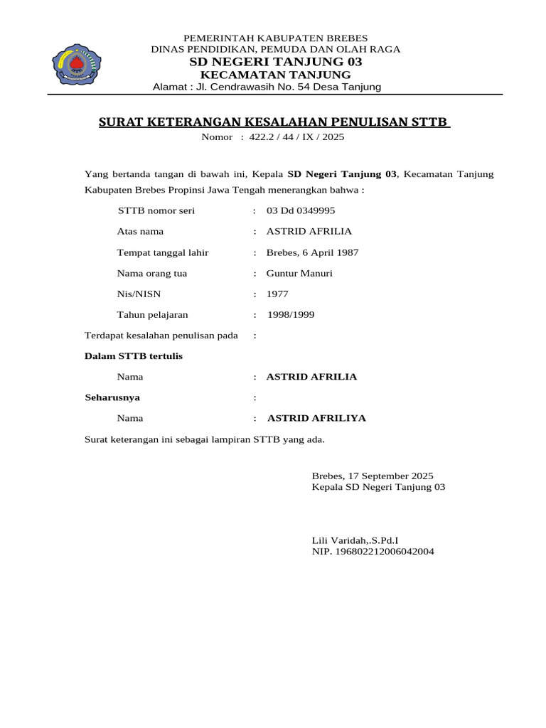 Kesalahan Penulisan STTB Astrid Afriliya | PDF