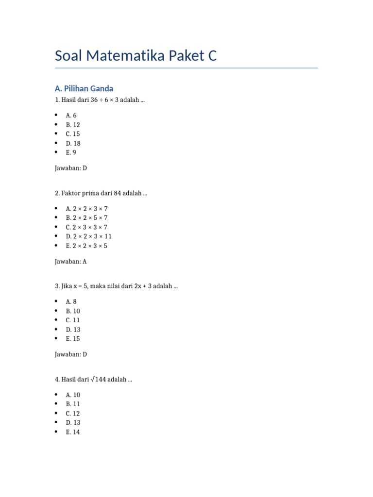 Soal Ujian Matematika Paket C | PDF