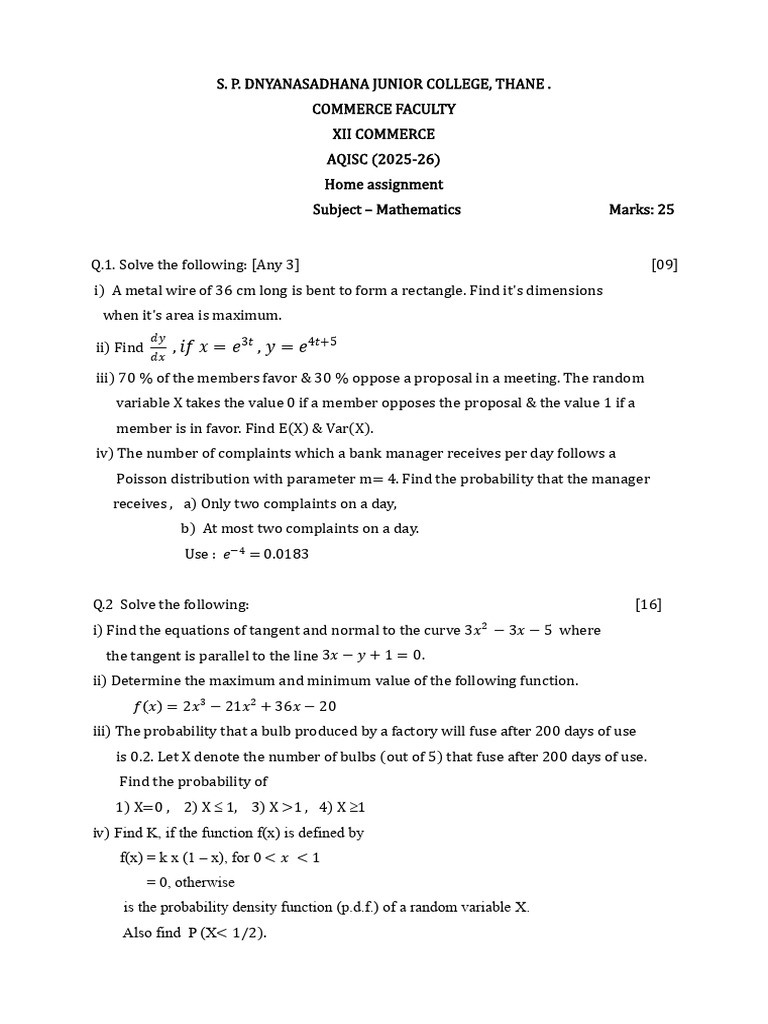2nd PUC Maths Assignment 2025-26 | PDF