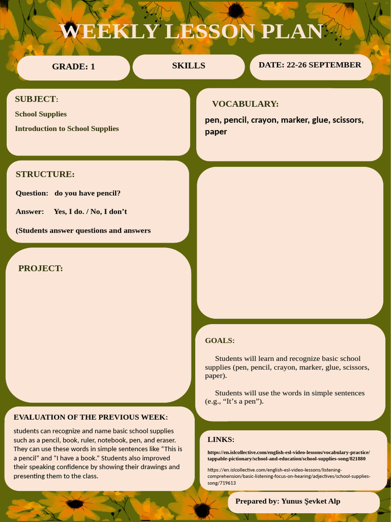 Grade 1 Weekly Lesson: School Supplies | PDF