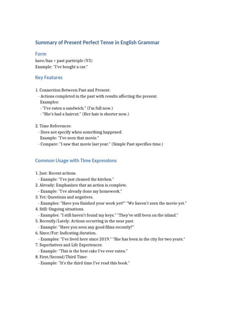 Present Perfect Tense Overview | PDF | Perfect (Grammar) | Language ...