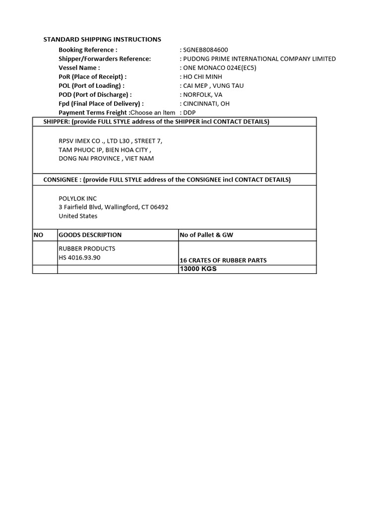 Standard Shipping Instructions: Choose An Item | PDF