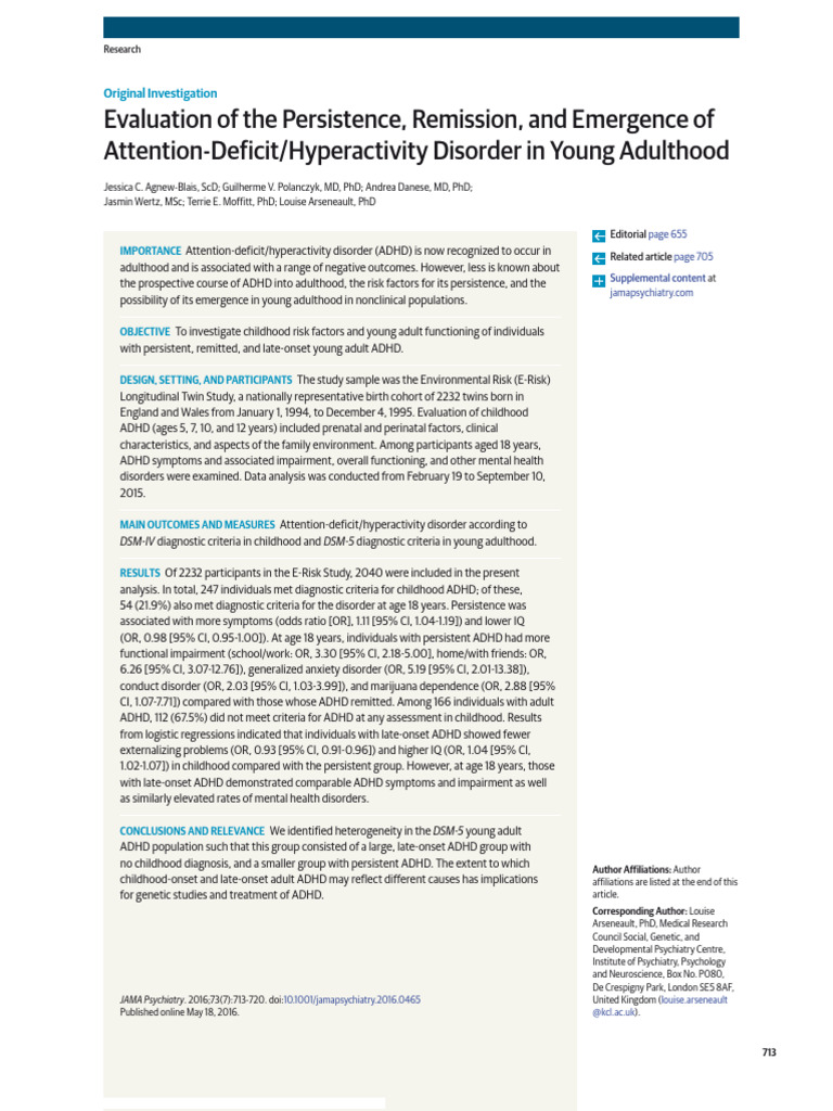 ADHD Persistence and Emergence in Adults | PDF | Attention Deficit ...