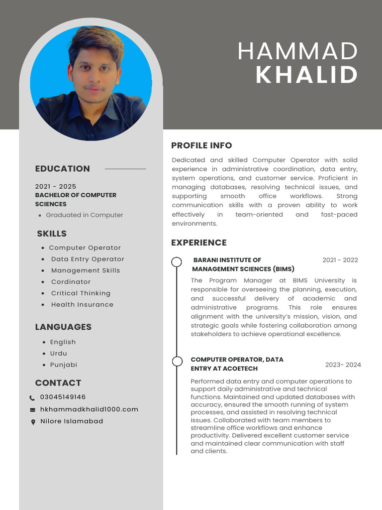 Hammad Khalid: Computer Operator Profile | PDF | Information Technology ...