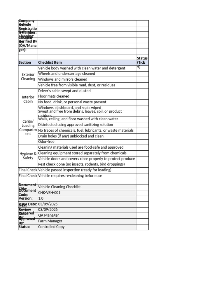Vehicle Cleaning Checklist Print Friendly | PDF