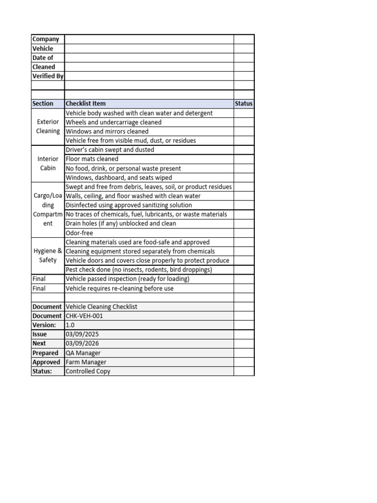 Vehicle Cleaning Checklist Print Friendly | PDF