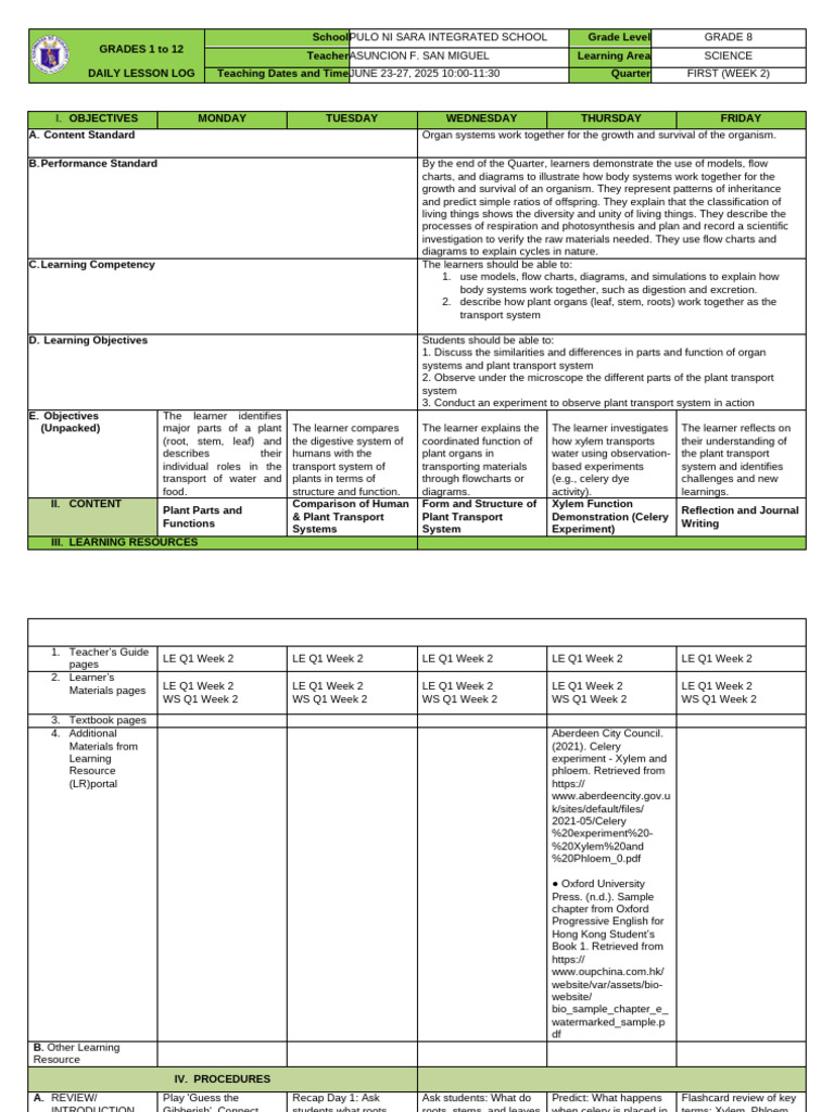 Afsm Science 8 q1 Week 2 | PDF | Plant Stem | Leaf