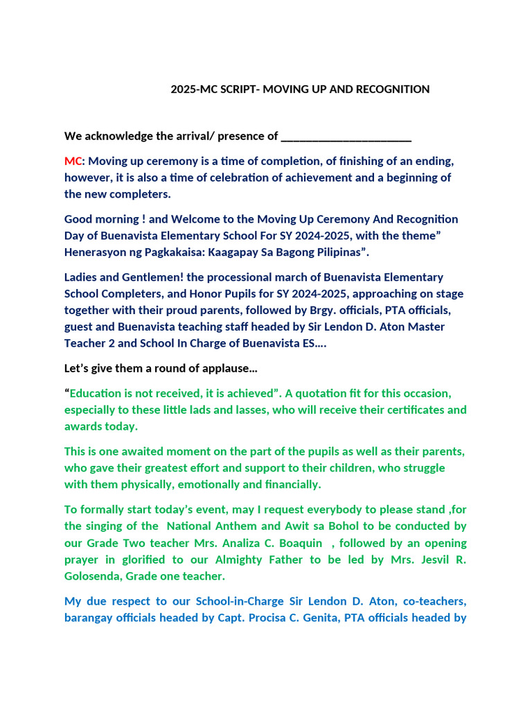 Moving Up Ceremony 2024-2025 Script | PDF