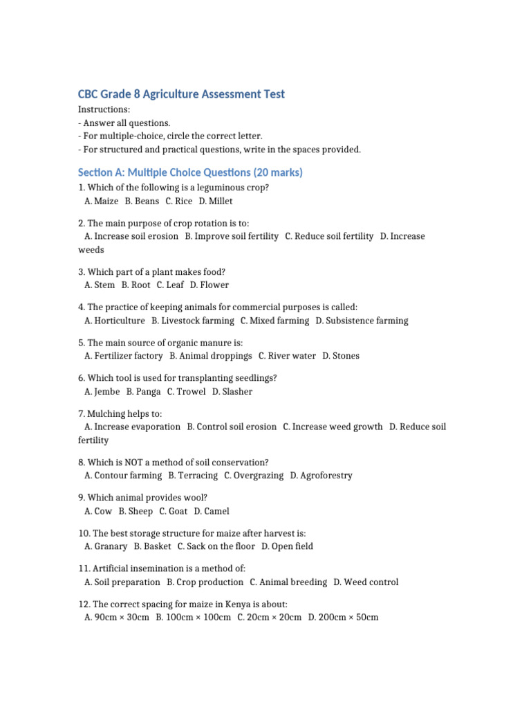 Grade 8 Agriculture Test with Answers | PDF | Agriculture | Crop Rotation