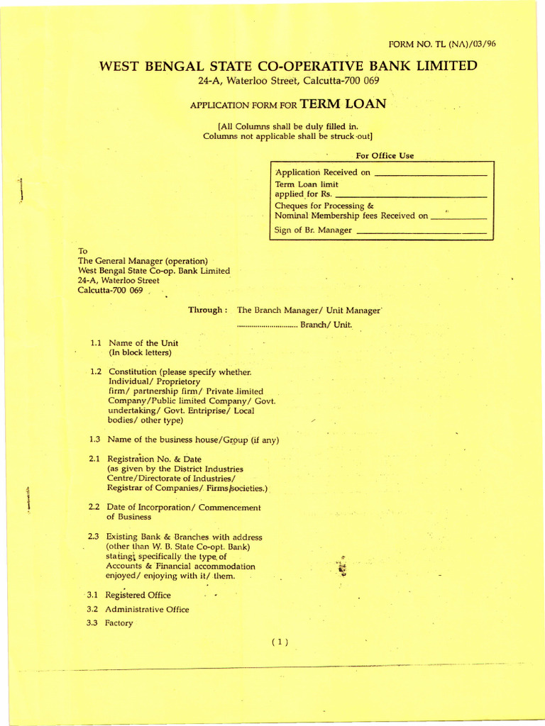 West Bengal Term Loan Application Form | PDF | Depreciation | Expense