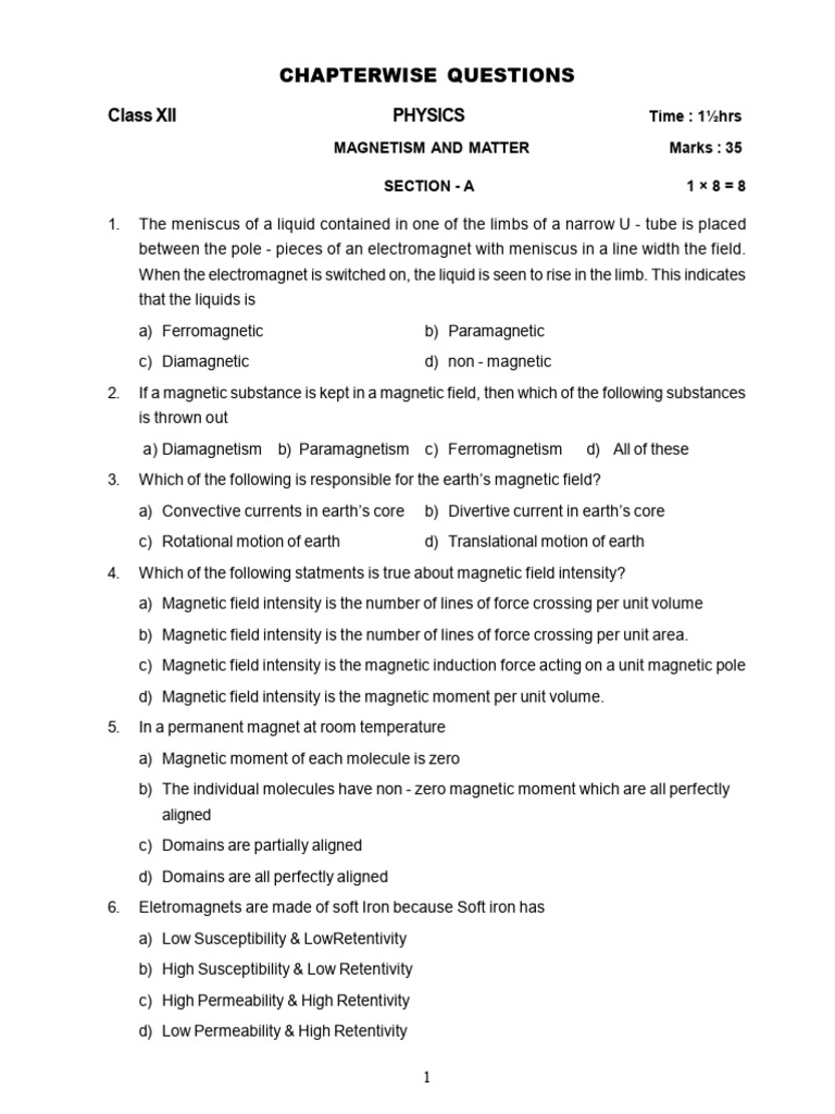 Class XII Physics: Magnetism Questions | PDF | Magnetism | Magnetic Field