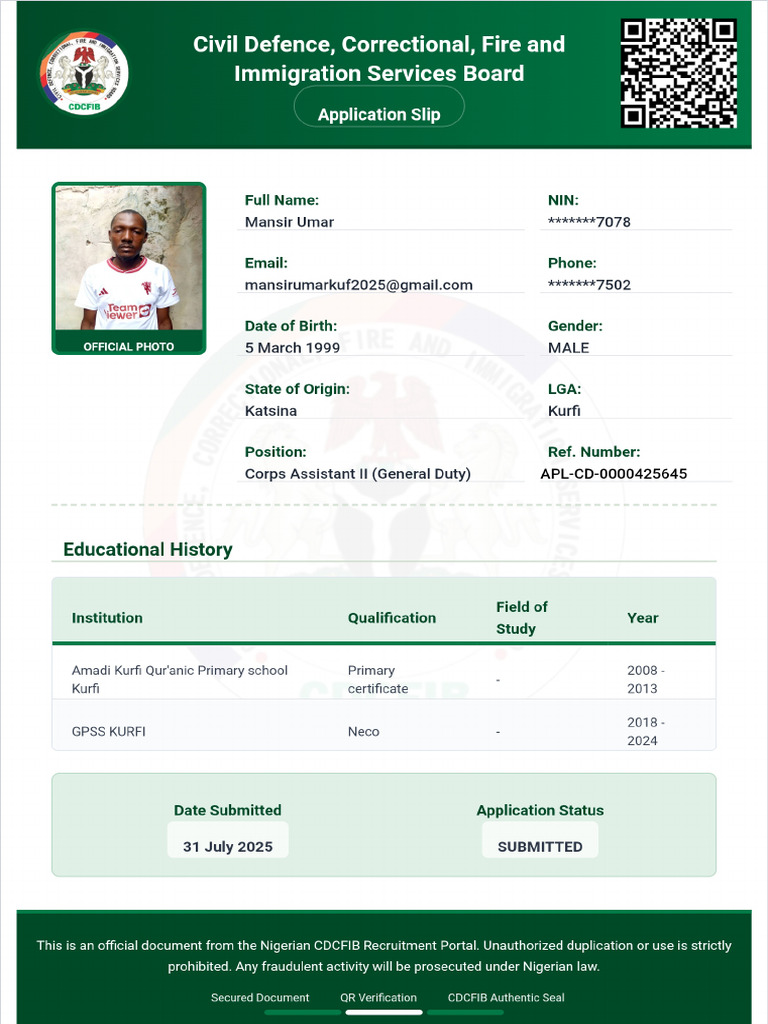 MANSIR UMAR Application Slip | PDF
