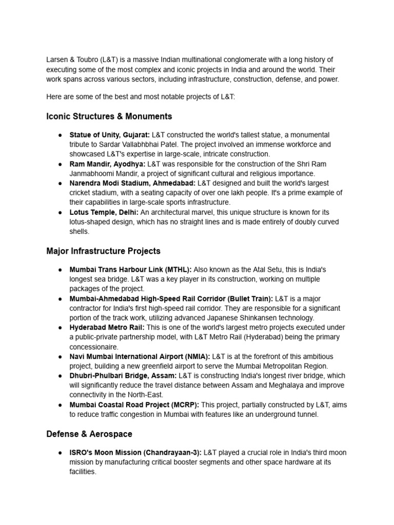L&T's Notable Projects and Achievements | PDF