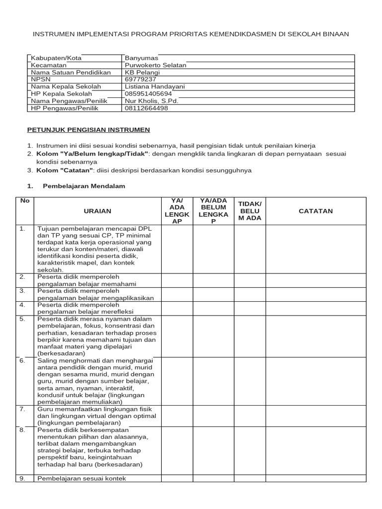 Word - Instrumen Implementasi Program Prioritas Kemendikdasmen Kosong | PDF