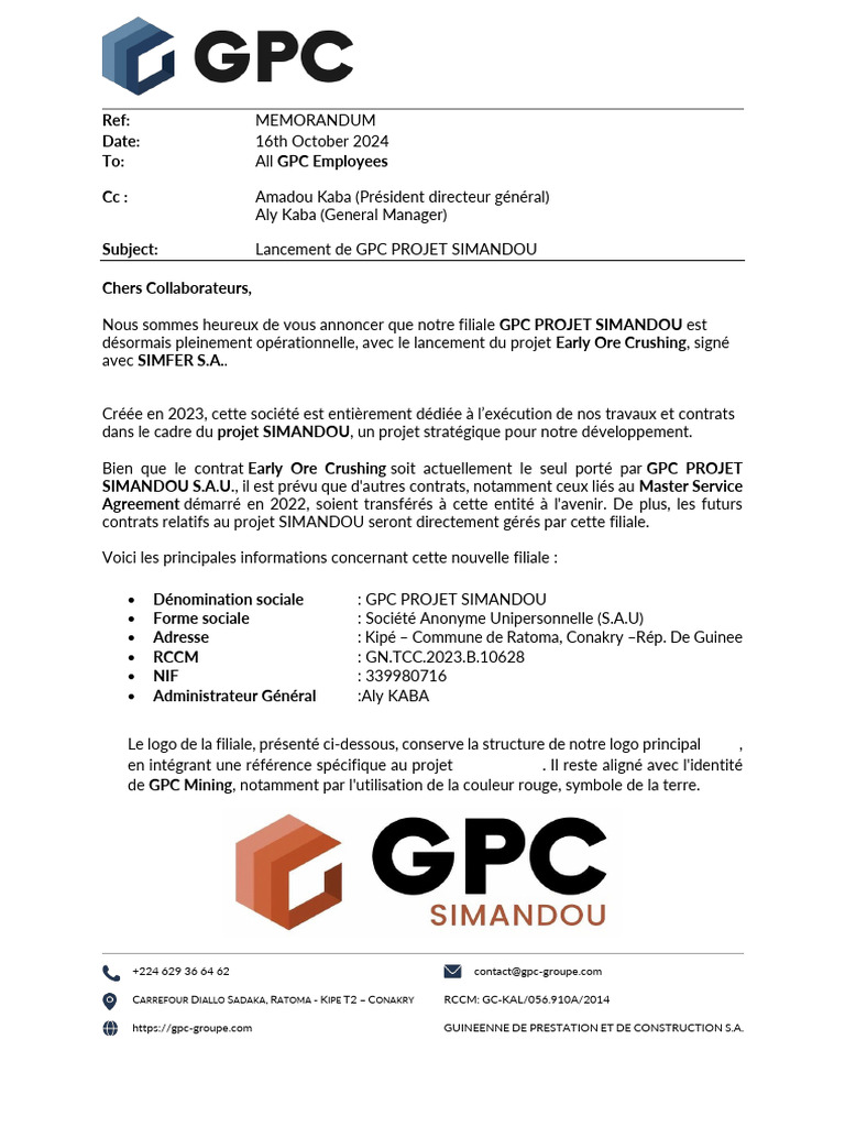Lancement de GPC Projet Simandou | PDF