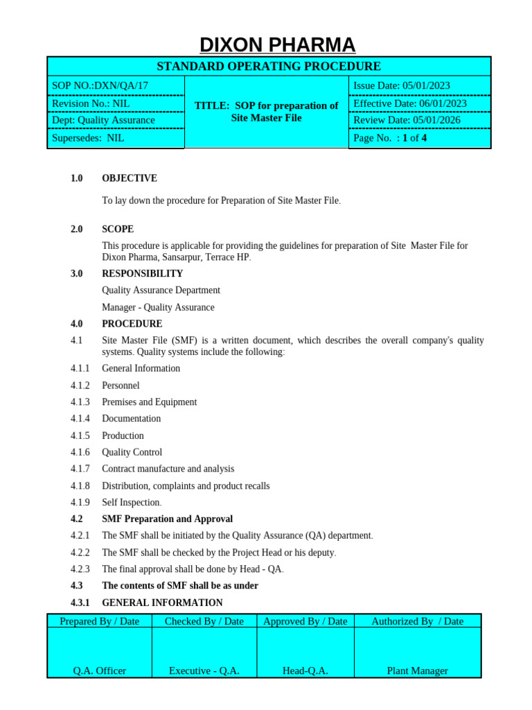 Site Master File SOP for Dixon Pharma | PDF | Quality Assurance ...