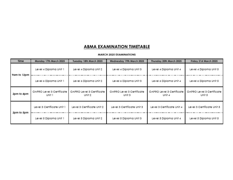 ABMA Exam Timetable March 2025 | PDF