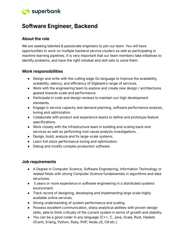 Backend Software Engineer Role at Digibank | PDF