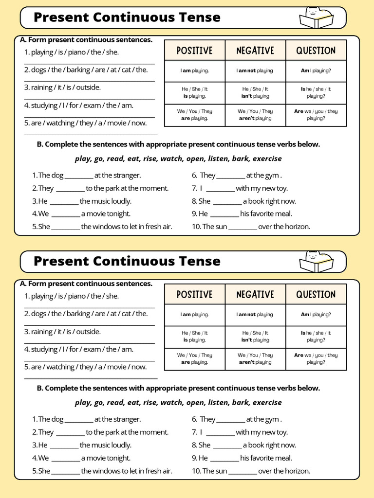 Present Continuous Tense Exercises | PDF | Linguistics | Chess Theory