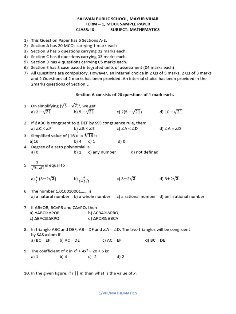 IX Maths Sample Paper Term1 | PDF | Mathematics | Algebra